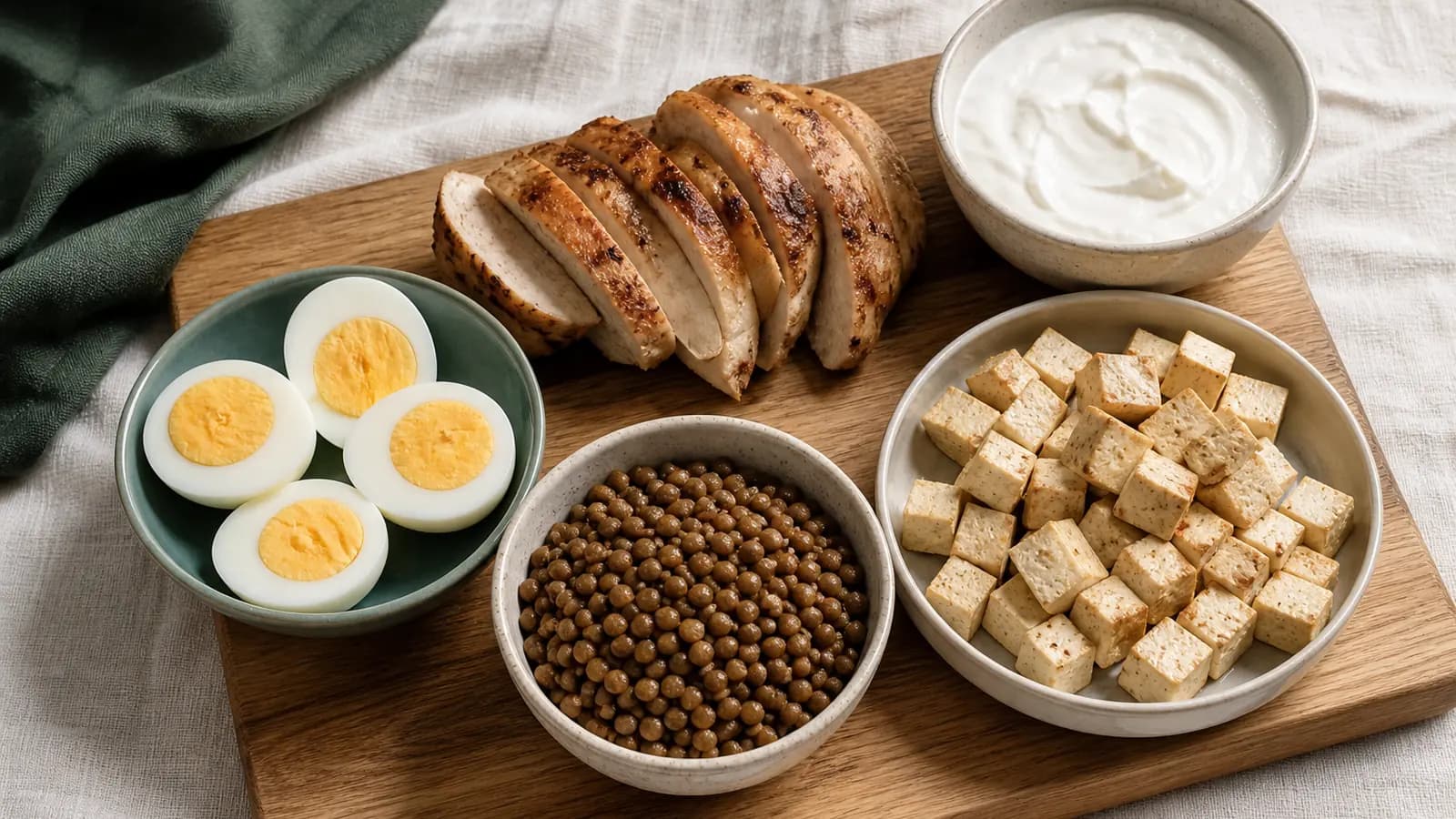 Poulet, œufs, lentilles, tofu et yaourt grec alignés sur une planche en bois.