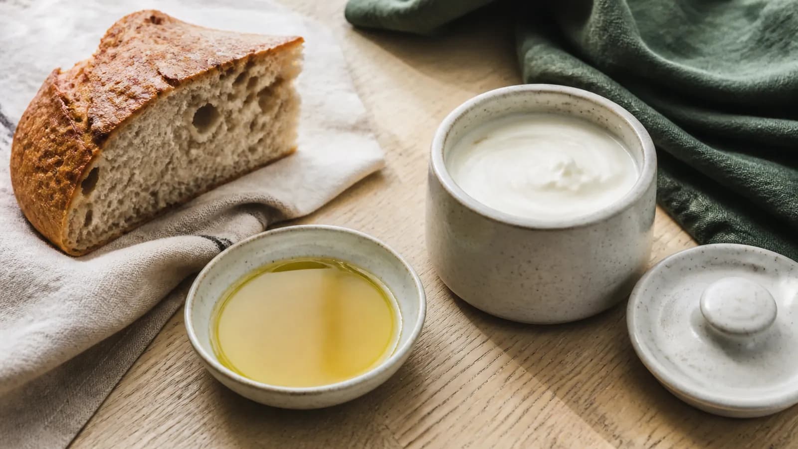 Pain, huile d’olive et fromage blanc sur une table : glucides, lipides et protéines.