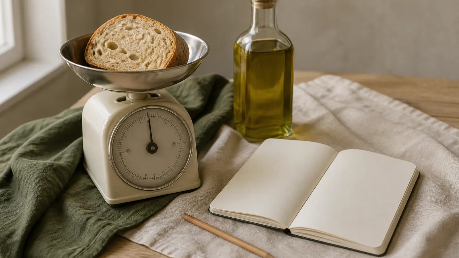 Balance de cuisine, carnet et crayon à côté de pain et d’huile d’olive, pour calibrer les portions.