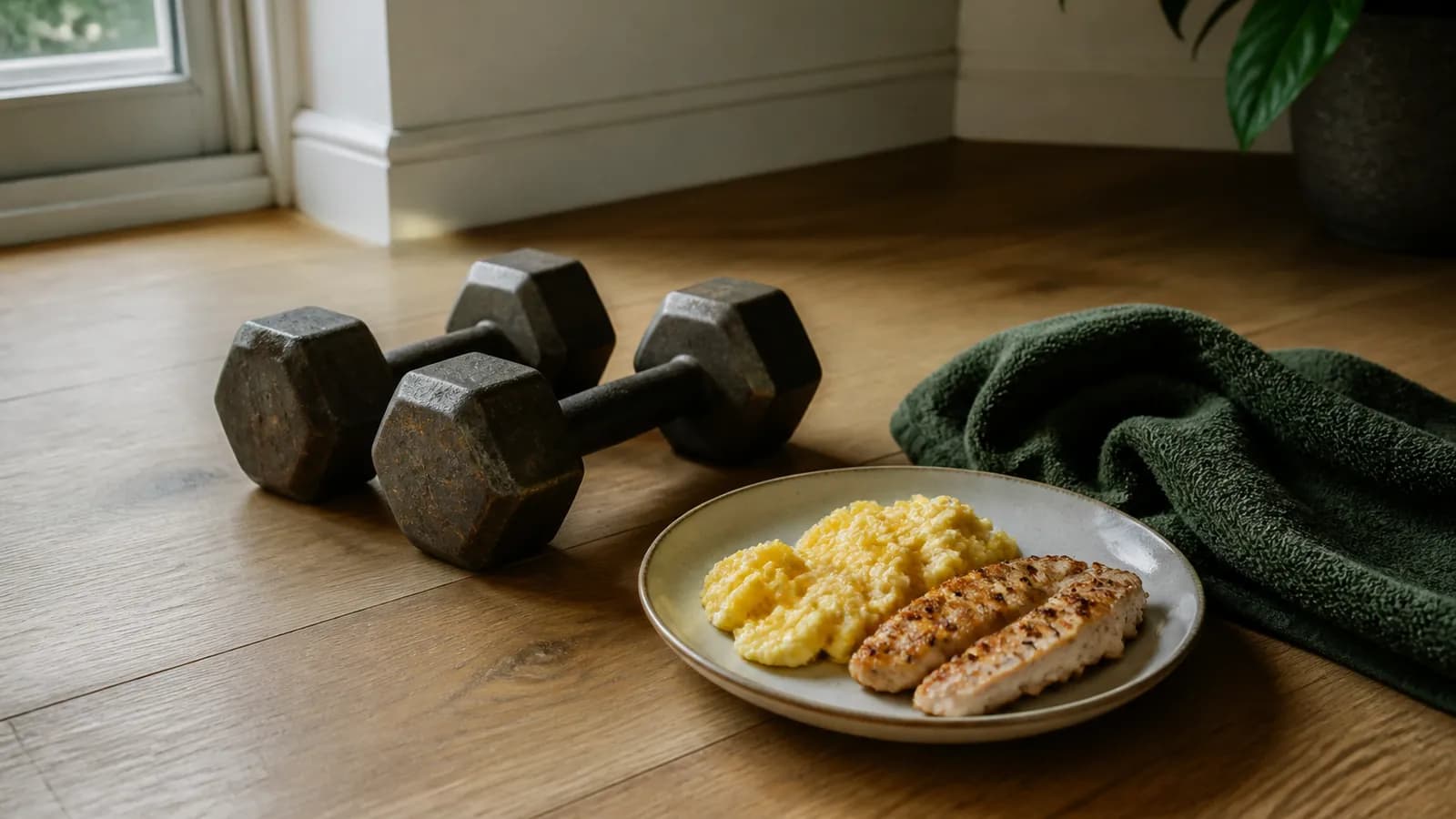 Haltères modestes au sol près d’une assiette d’œufs et de poulet grillé, protéines pour la musculation.