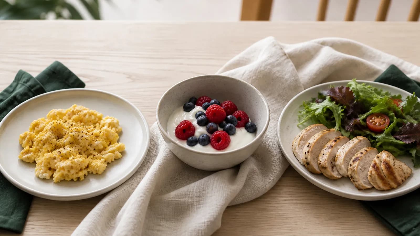 Trois repas alignés : œufs brouillés, yaourt aux fruits et poulet en salade, protéines réparties dans la journée.