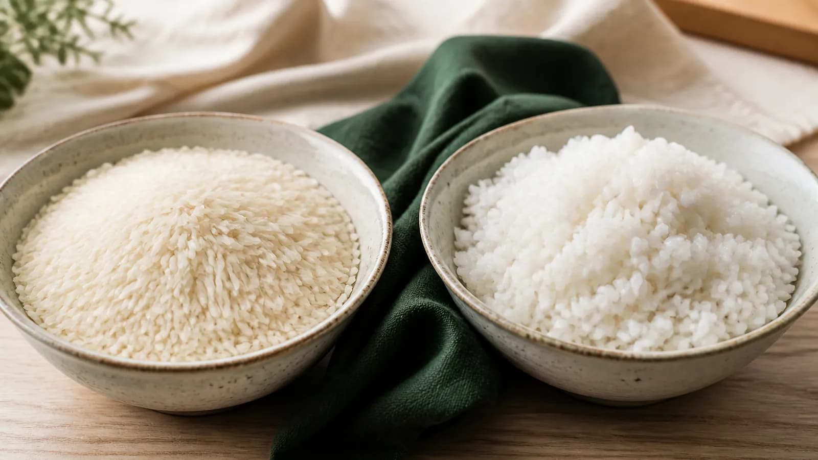 Deux bols côte à côte : riz blanc cru à gauche, riz blanc cuit à droite, pour compter les calories correctement.
