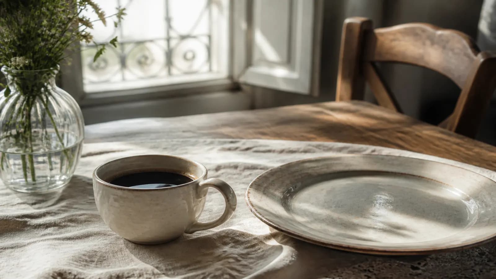 Tasse de café noir et assiette vide sur une nappe crème, lumière de début de matinée.