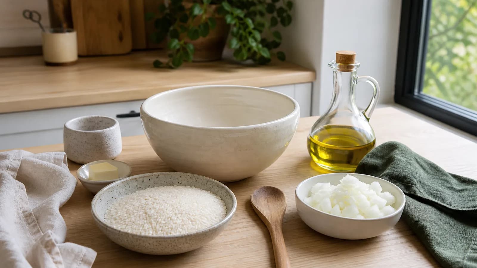 Cuisine : bols d’ingrédients, riz, oignon et huile, préparation d’une recette à peser.
