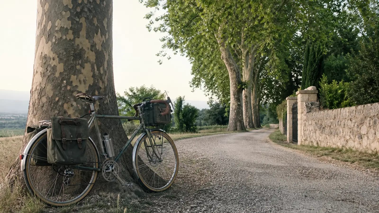 Vélo appuyé contre un arbre sur une route de campagne, illustration d’une heure de vélo.