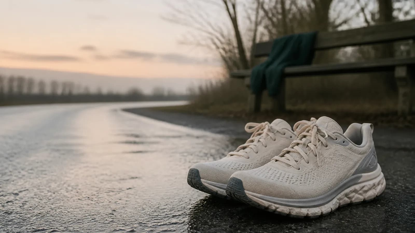 Chaussures de course sur bitume mouillé à l’aube, illustration d’une heure de course.