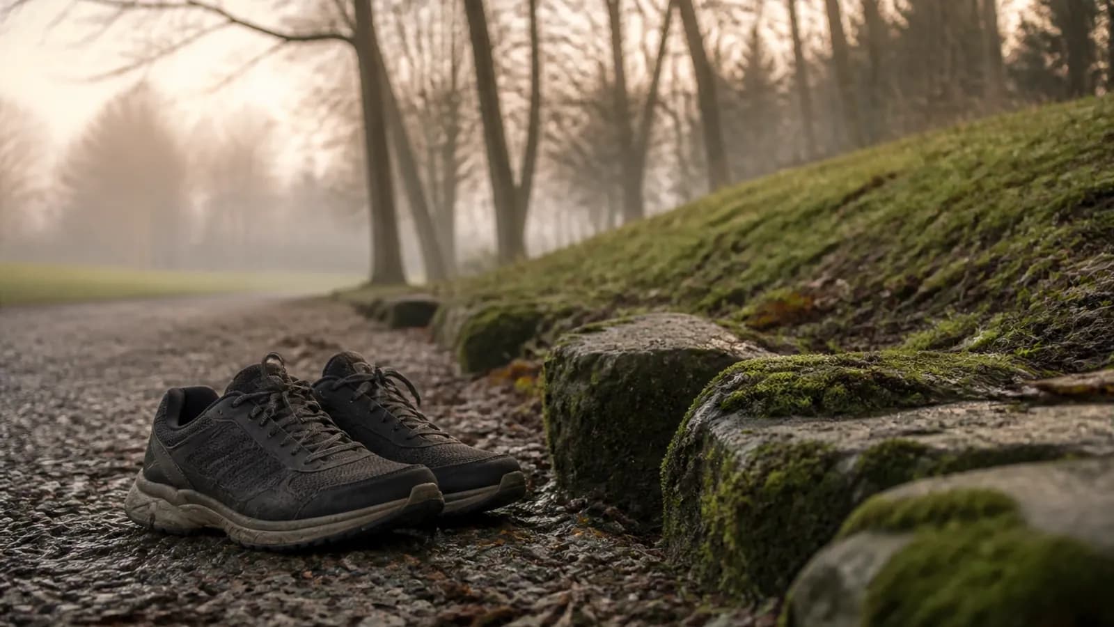 Chaussures de marche sur un sentier de gravier, parc le matin, illustration d’une heure de marche.