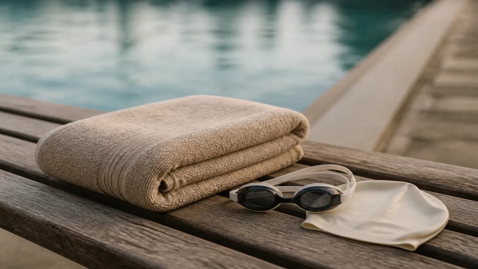 Serviette de bain, lunettes de natation et bonnet sur un banc en bois près d’un bassin, lumière naturelle.