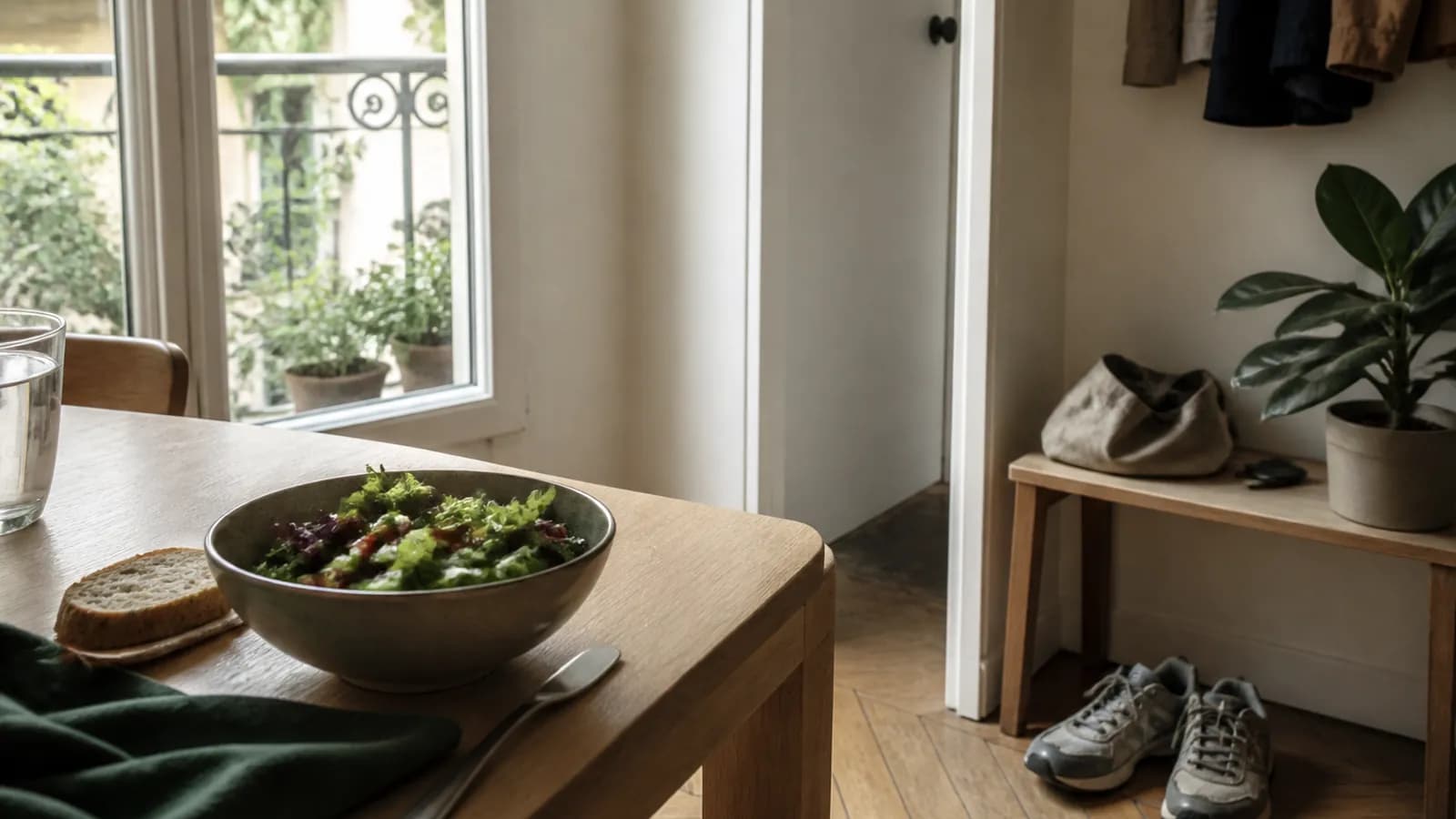Salade, pain et chaussures de marche près d’une table de cuisine, pour illustrer les calories pour maigrir.