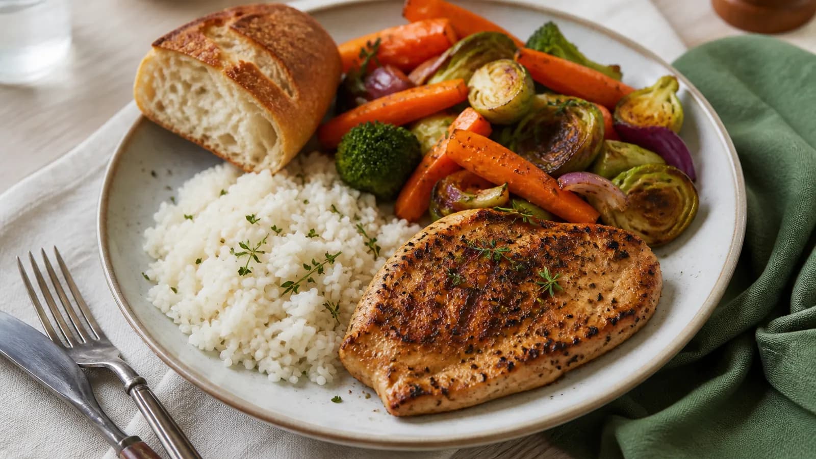 Repas copieux : riz, poulet grillé, légumes rôtis et pain, illustration d’un surplus calorique.