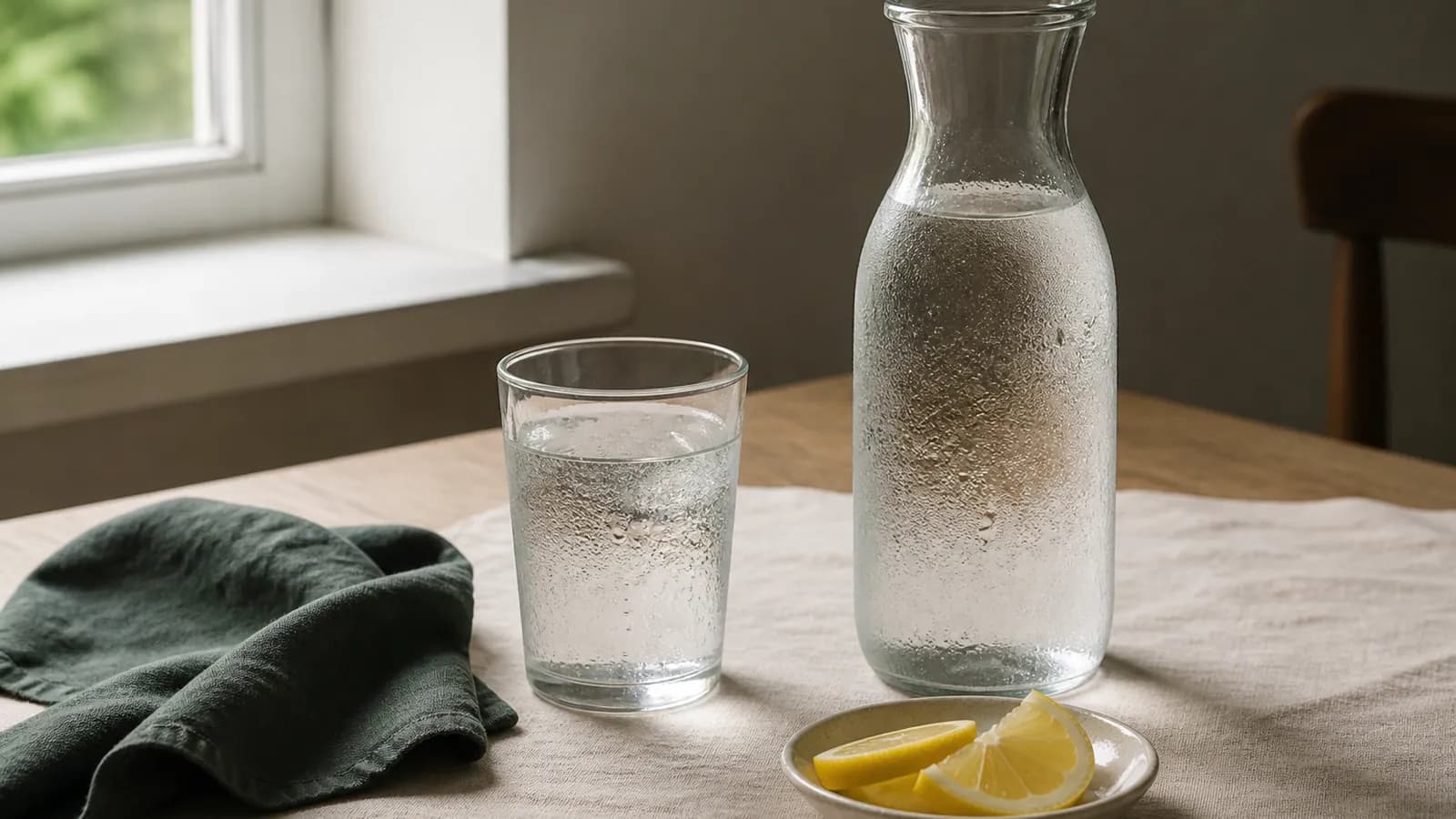 Carafe et verre d’eau sur une nappe crème, citron à côté.