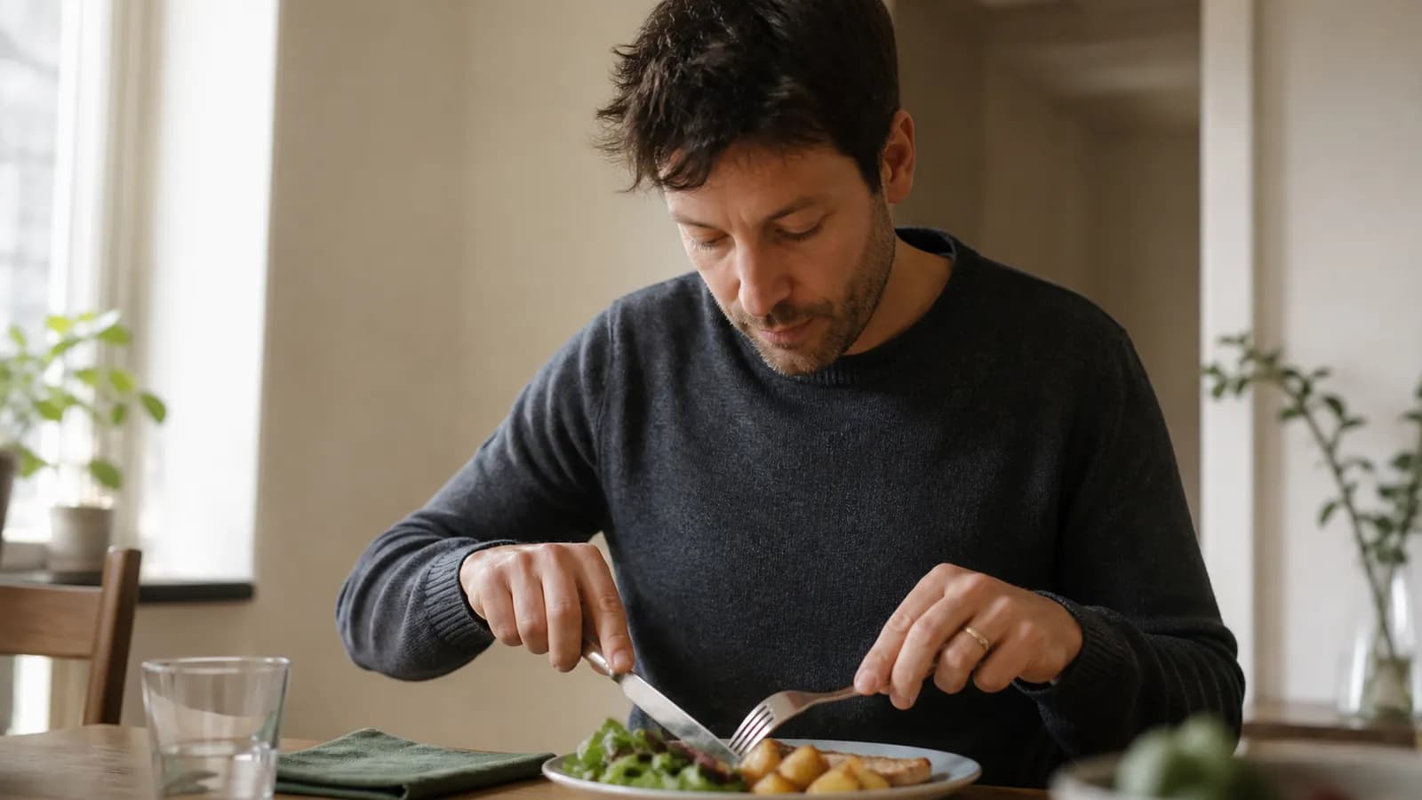 Homme adulte déjeunant à une table en bois, assiette de poulet, pommes de terre et salade.