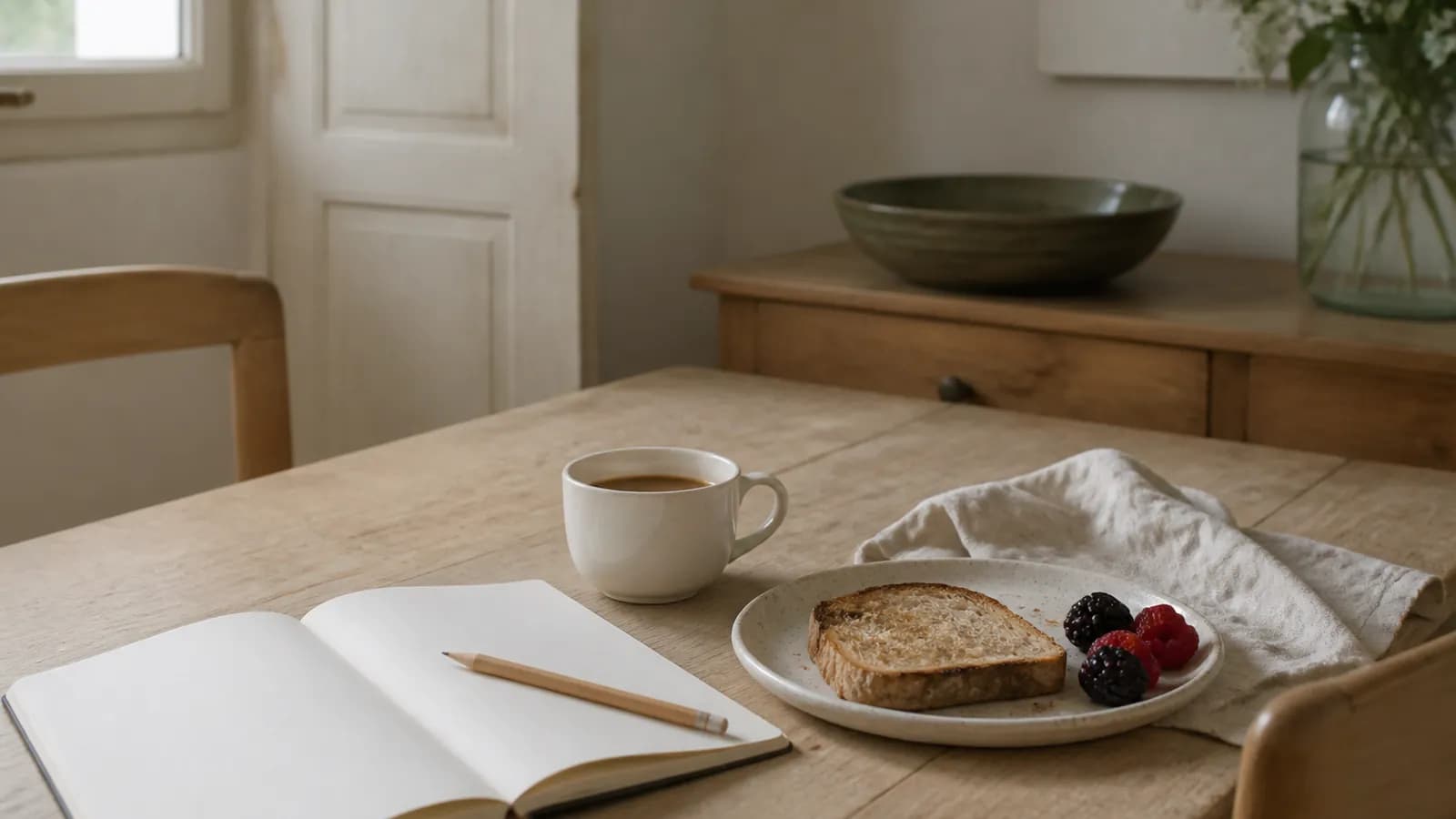 Petit-déjeuner sur une table en bois clair : toast, fruits, café et carnet ouvert, pour illustrer les calories à manger par jour.