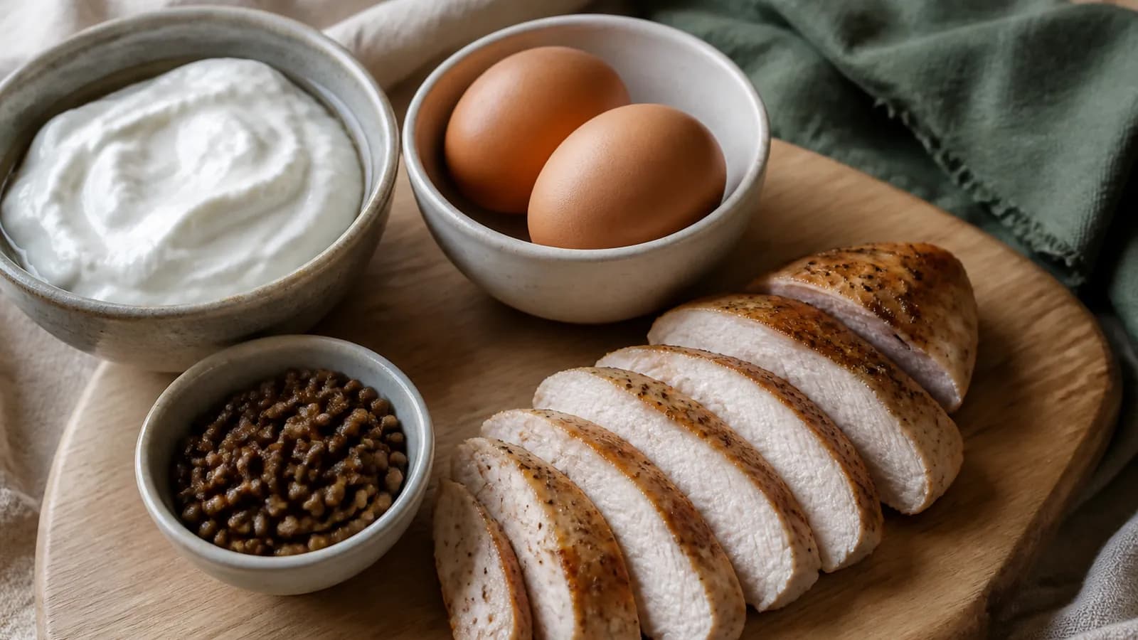 Poulet cuit, œufs, yaourt grec et lentilles sur une planche, aliments sources de protéines.