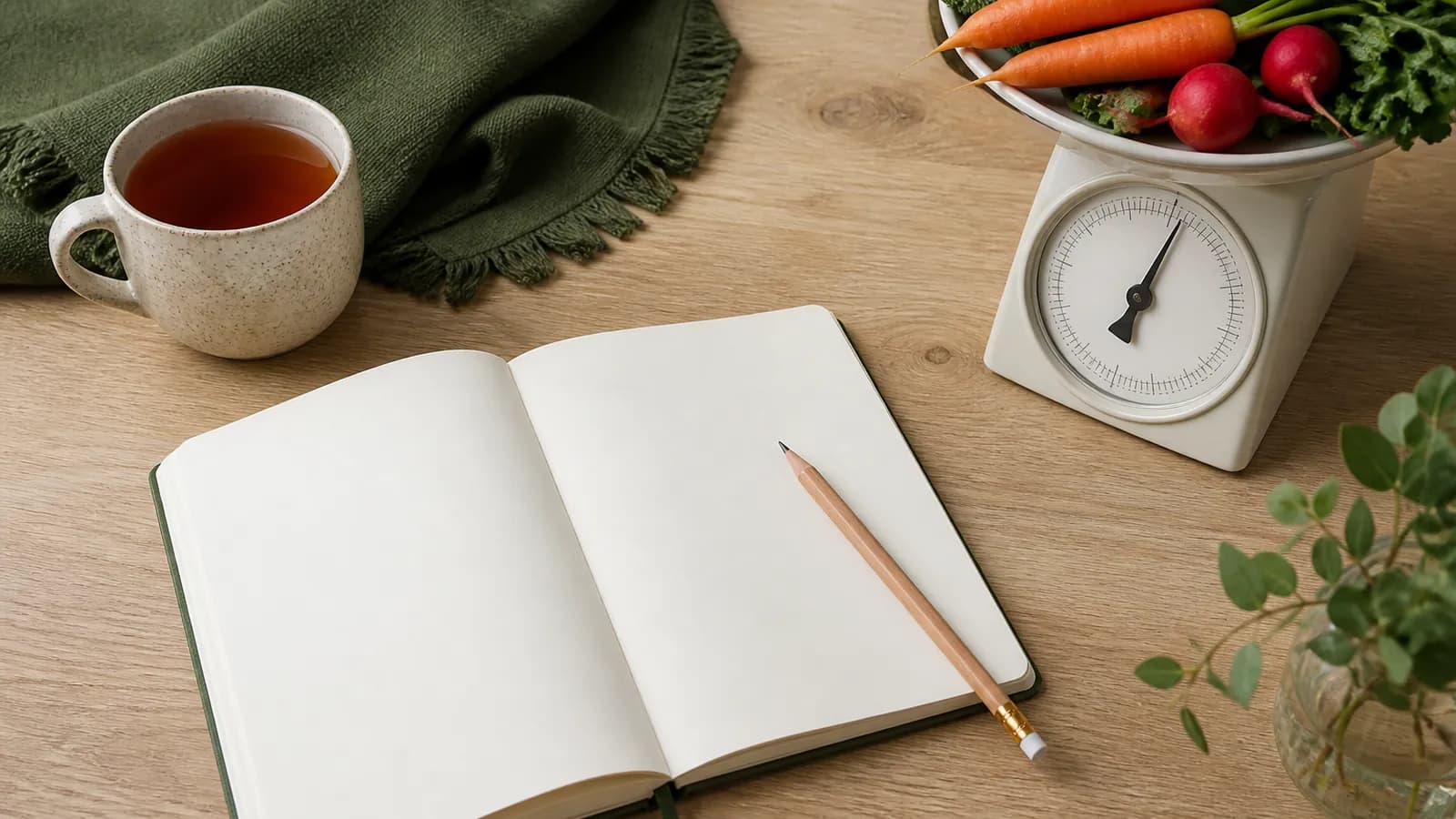 Carnet, crayon, thé et légumes sur une balance de cuisine, préparation du calcul des besoins caloriques.