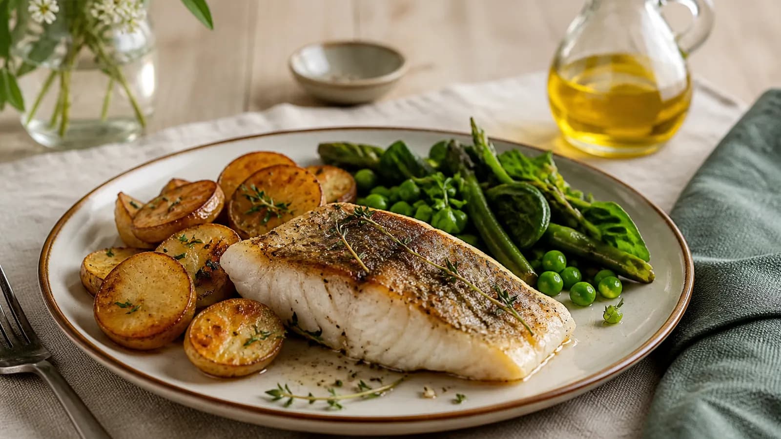 Assiette composée : pommes de terre, légumes verts, poisson et huile d’olive, pour illustrer le calcul des macros.