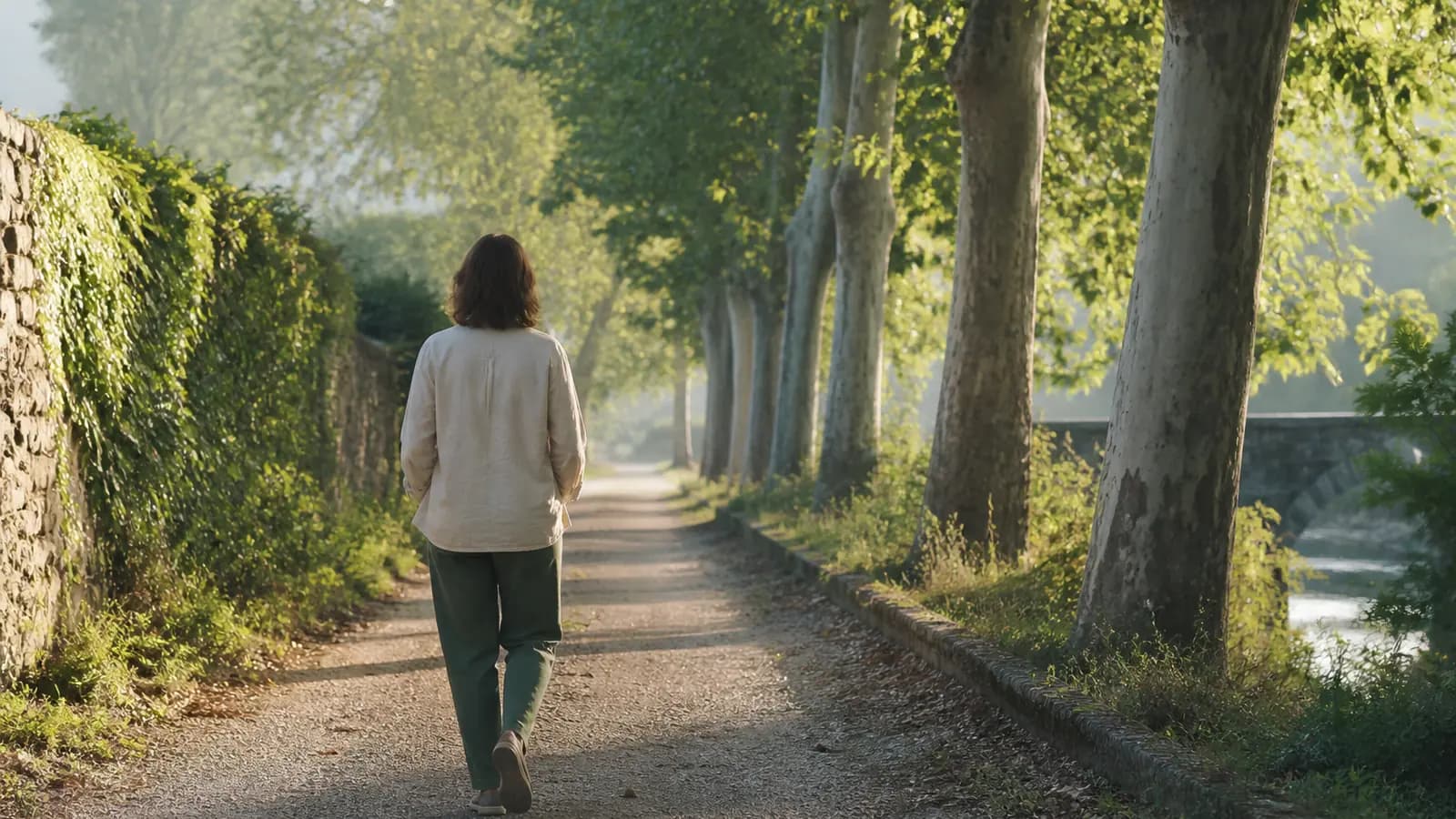 Personne marchant d’un pas calme sur un chemin bordé d’arbres, illustration de la dépense énergétique quotidienne (TDEE).
