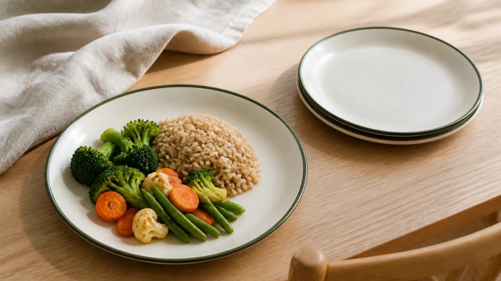 Petite portion de légumes et de céréales dans une assiette, deuxième assiette vide à côté, illustration d’un déficit calorique.