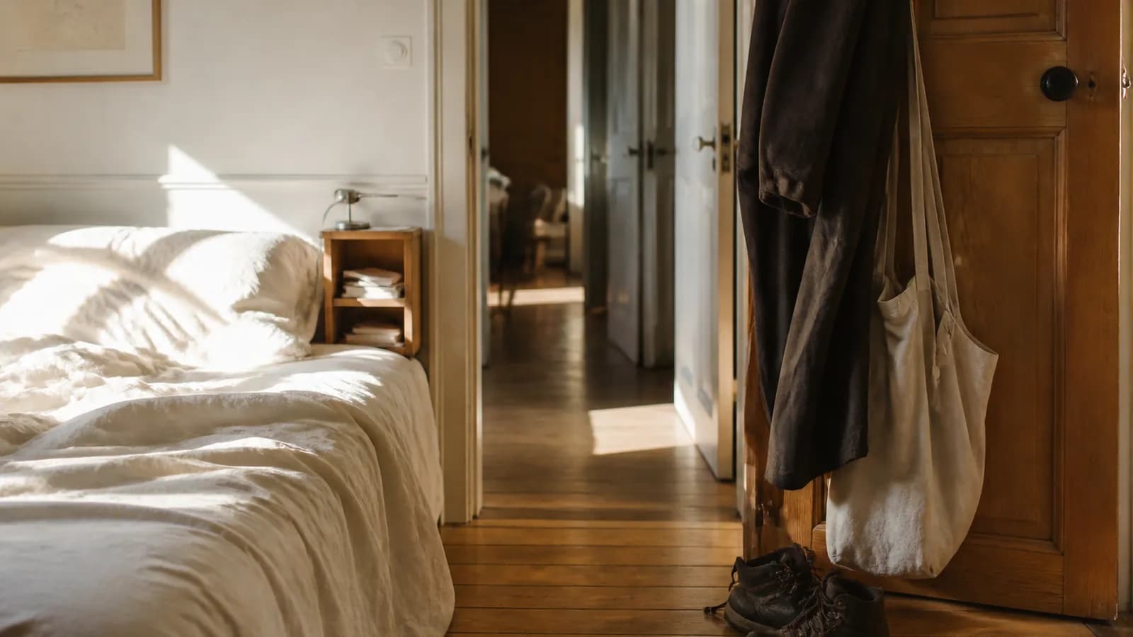 Chambre au calme d’un côté, manteau et chaussures près de la porte de l’autre : repos (BMR) contre journée active (TDEE).