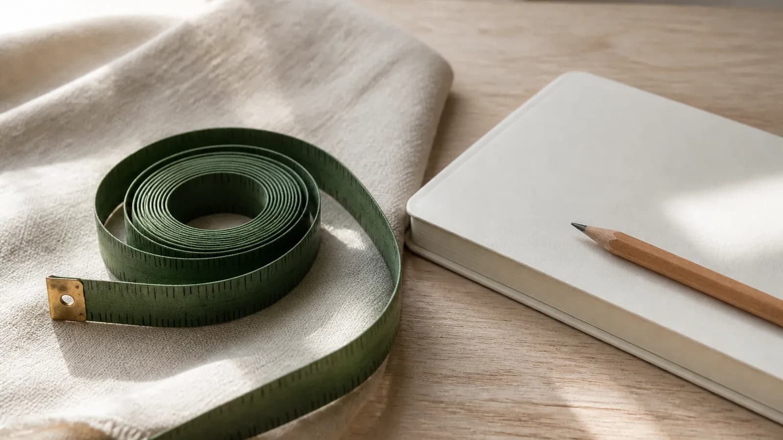 Mètre de couturière enroulé sur du lin crème, carnet et crayon, sans chiffre de poids affiché.
