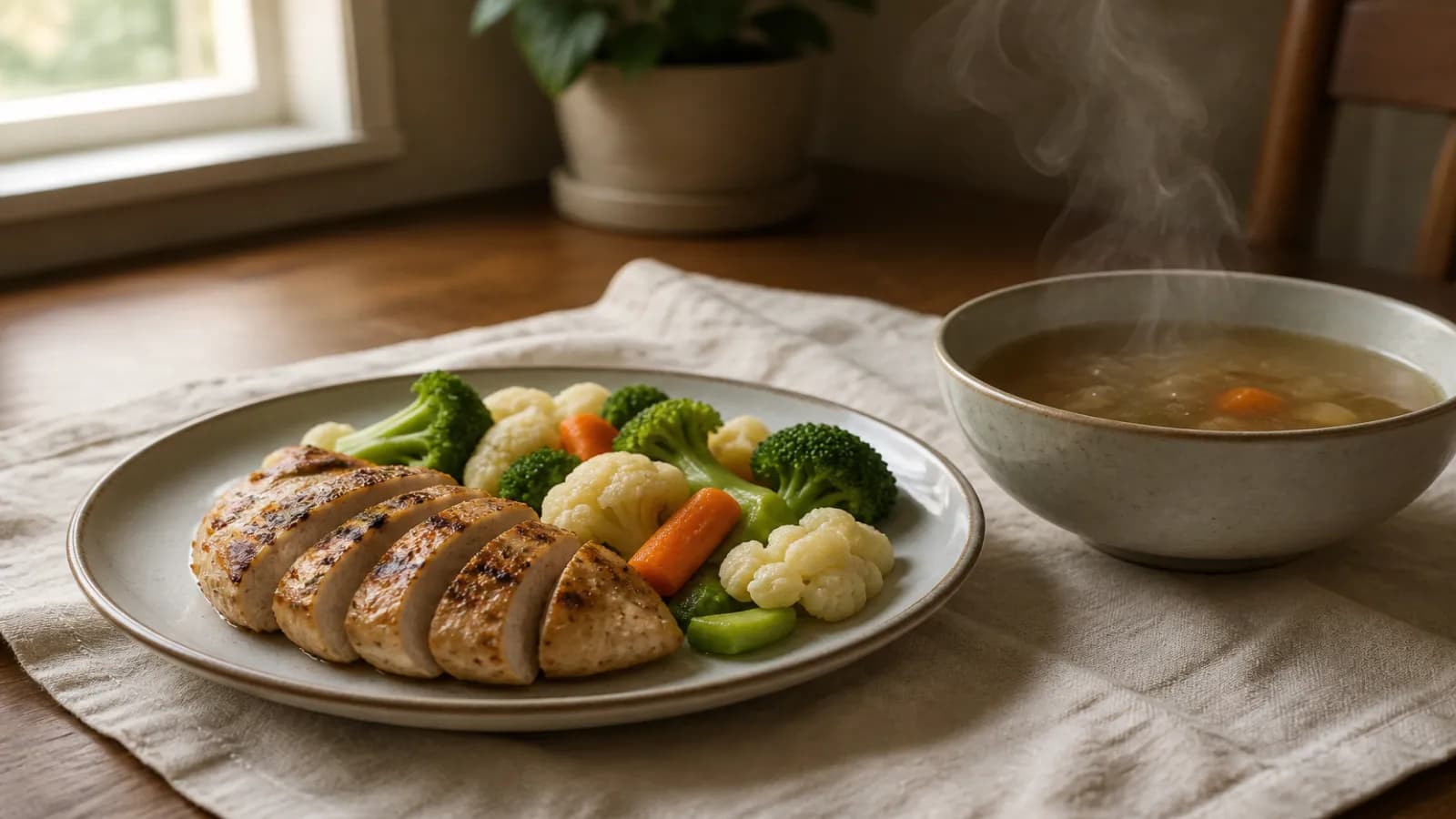 Repas chaud : poulet grillé, légumes vapeur et bol de soupe fumante sur une table en bois, lumière de fenêtre.