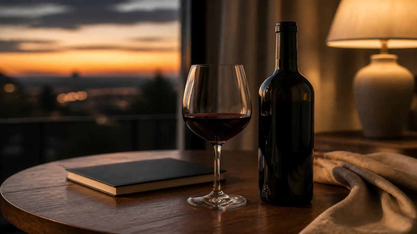 Verre de vin rouge à côté d’une bouteille et d’un carnet, table en bois, lumière douce du soir.