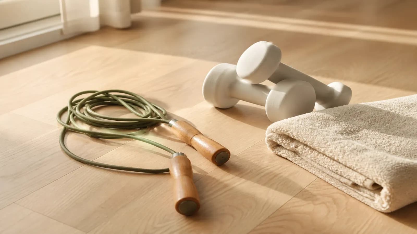 Corde à sauter et haltères légers posés sur un parquet clair, serviette pliée à côté.