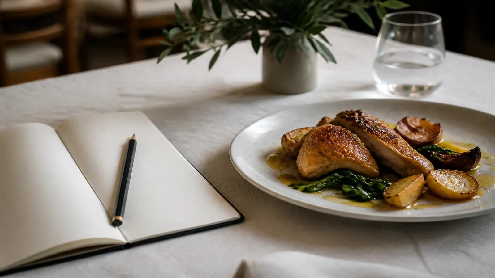 Carnet et crayon à côté d’une assiette de restaurant à peine commencée, nappe claire, sans marque visible.