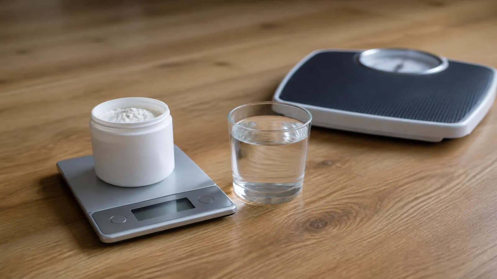 Balance de cuisine, petit pot de poudre non marqué et verre d’eau, pèse-personne analogique flou en arrière-plan.