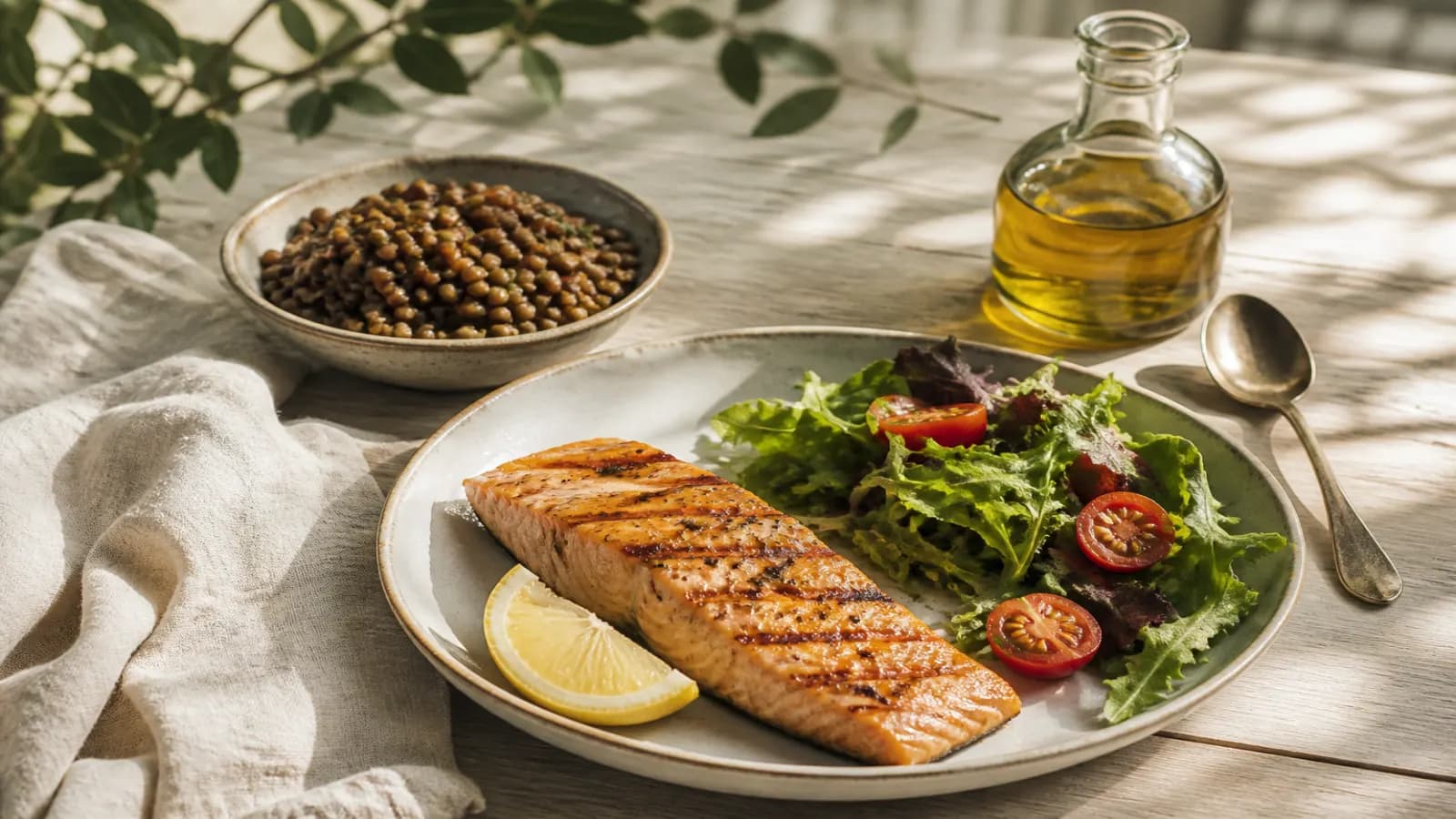 Assiette méditerranéenne : saumon grillé, lentilles, salade, citron et huile d’olive sur une table en bois clair.