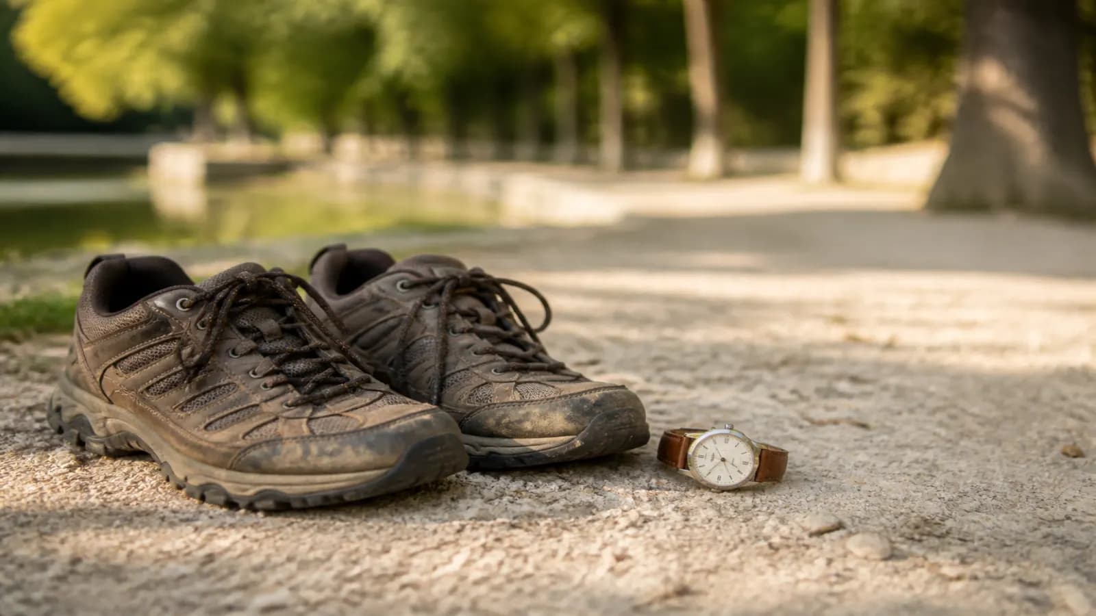 Chaussures de marche et montre simple près d’un chemin de gravier, lumière du matin, sans écran lisible.