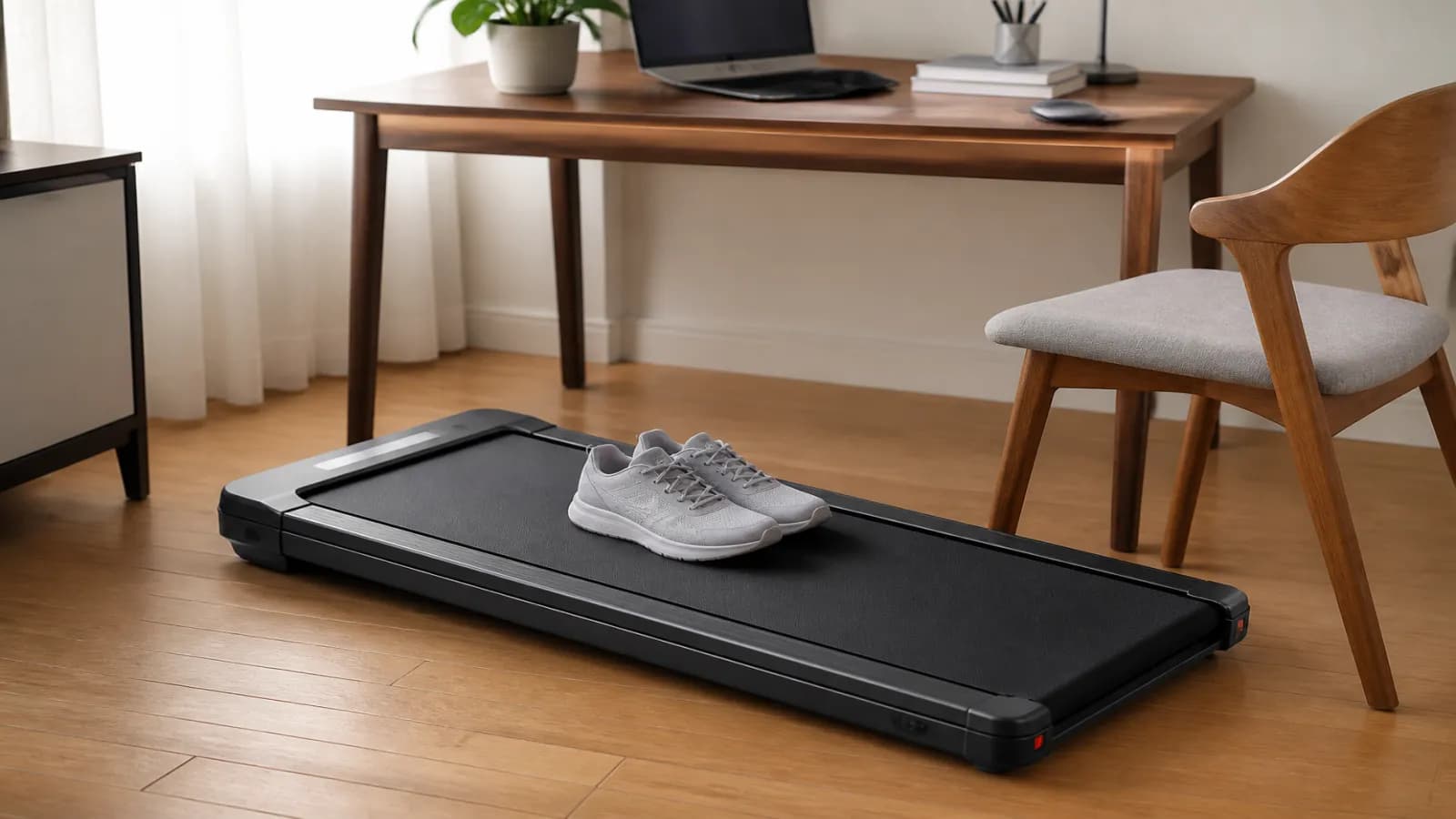 Tapis de marche sous un bureau en bois, baskets sur la bande, chaise écartée, bureau à domicile.