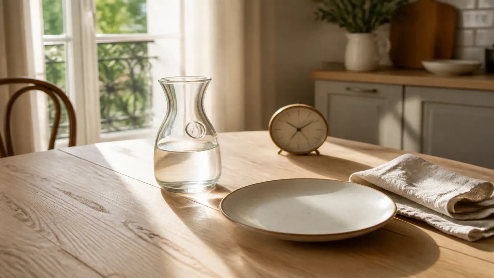 Horloge analogique à côté d’une assiette vide et d’une carafe d’eau, table en bois clair, lumière du matin.