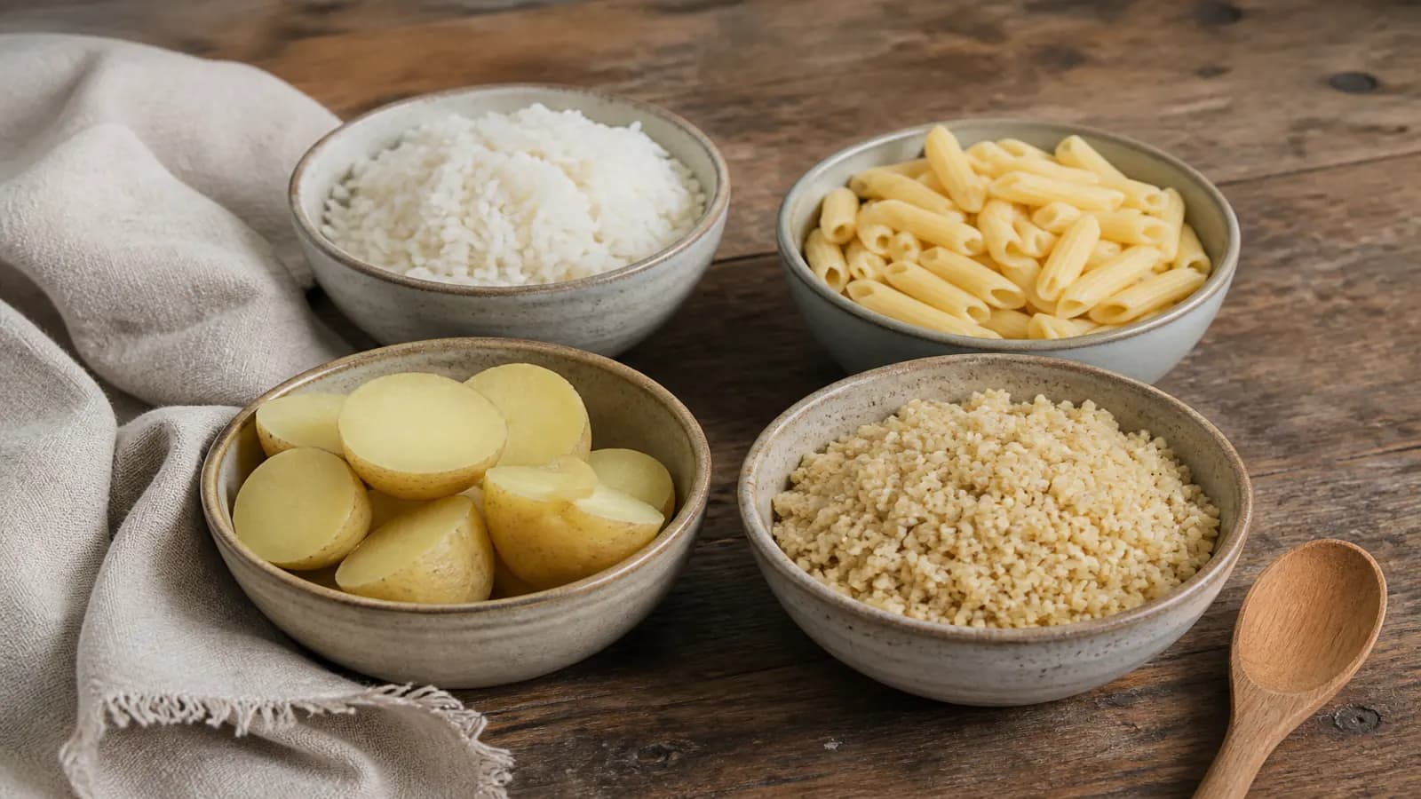 Quatre bols sur une table en bois : riz cuit, pâtes, pommes de terre et boulgour, lumière naturelle.