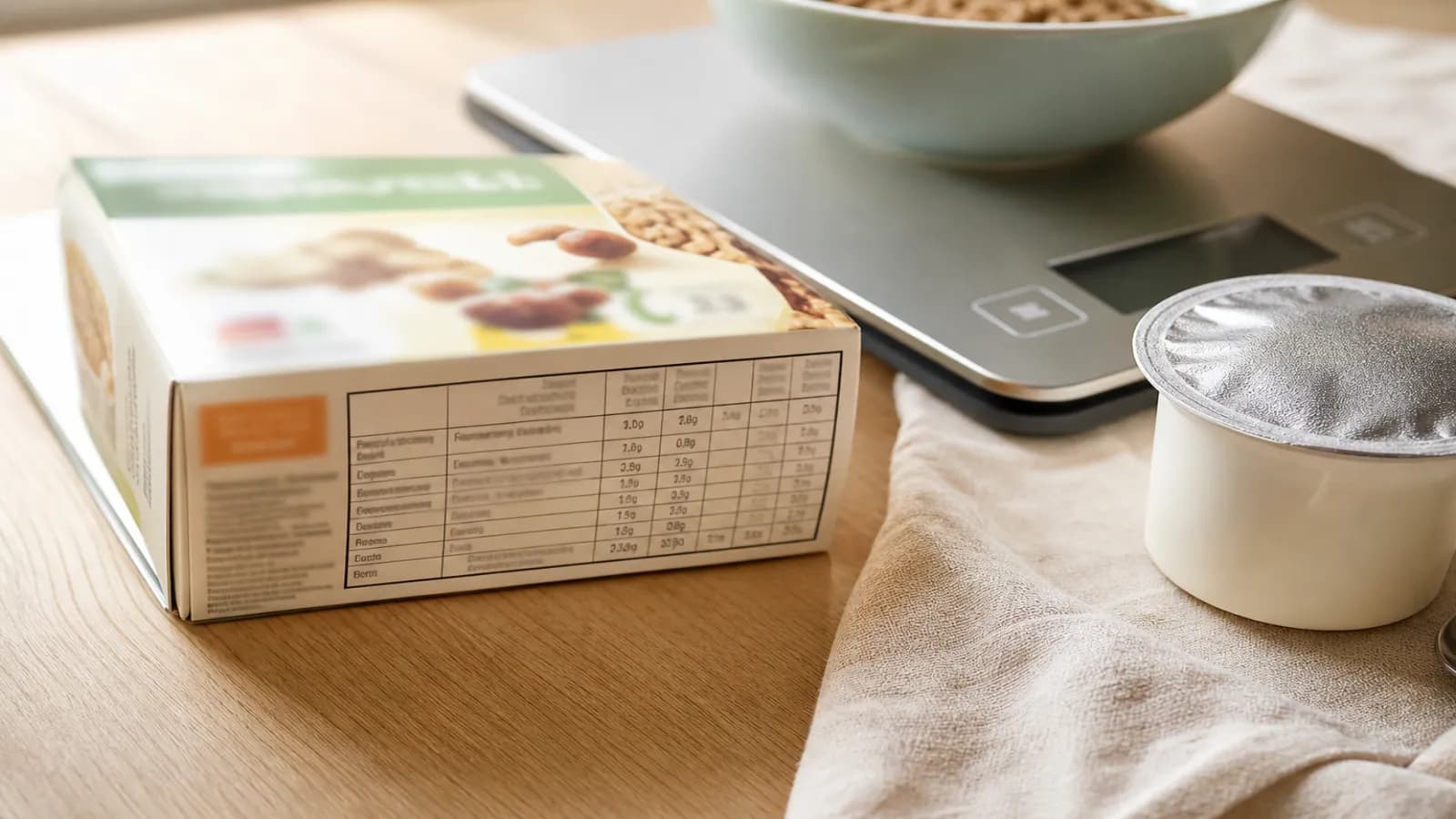 Table de valeurs nutritionnelles sur un emballage alimentaire, balance de cuisine et pot de yaourt sur une table en bois clair.
